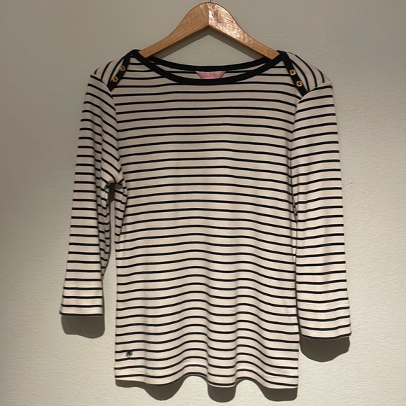 Lilly Pulitzer Top White & Navy Striped 3/4 Sleeves Size L - Picture 1 of 12